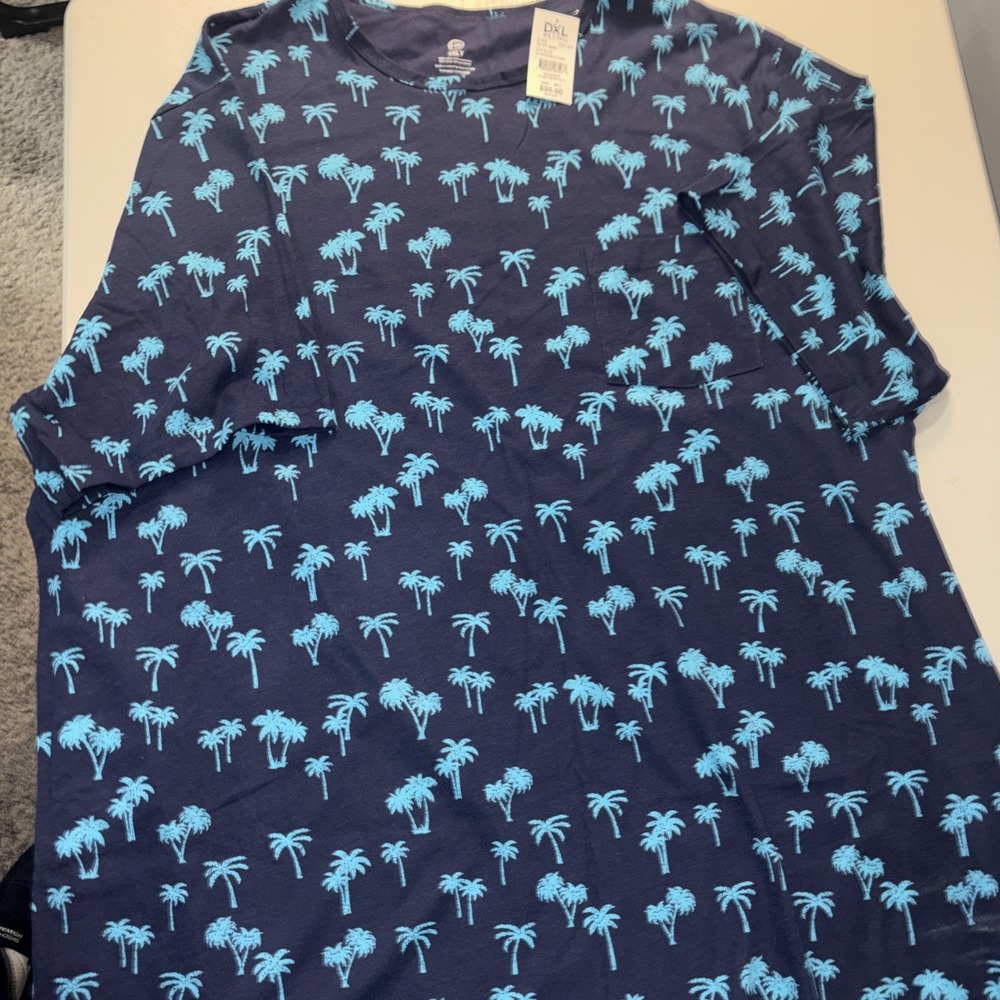 Harbor Bay Short Sleeve T Shirt Brand New- 3XLT Navy Blue W/Turquiose Palm Trees